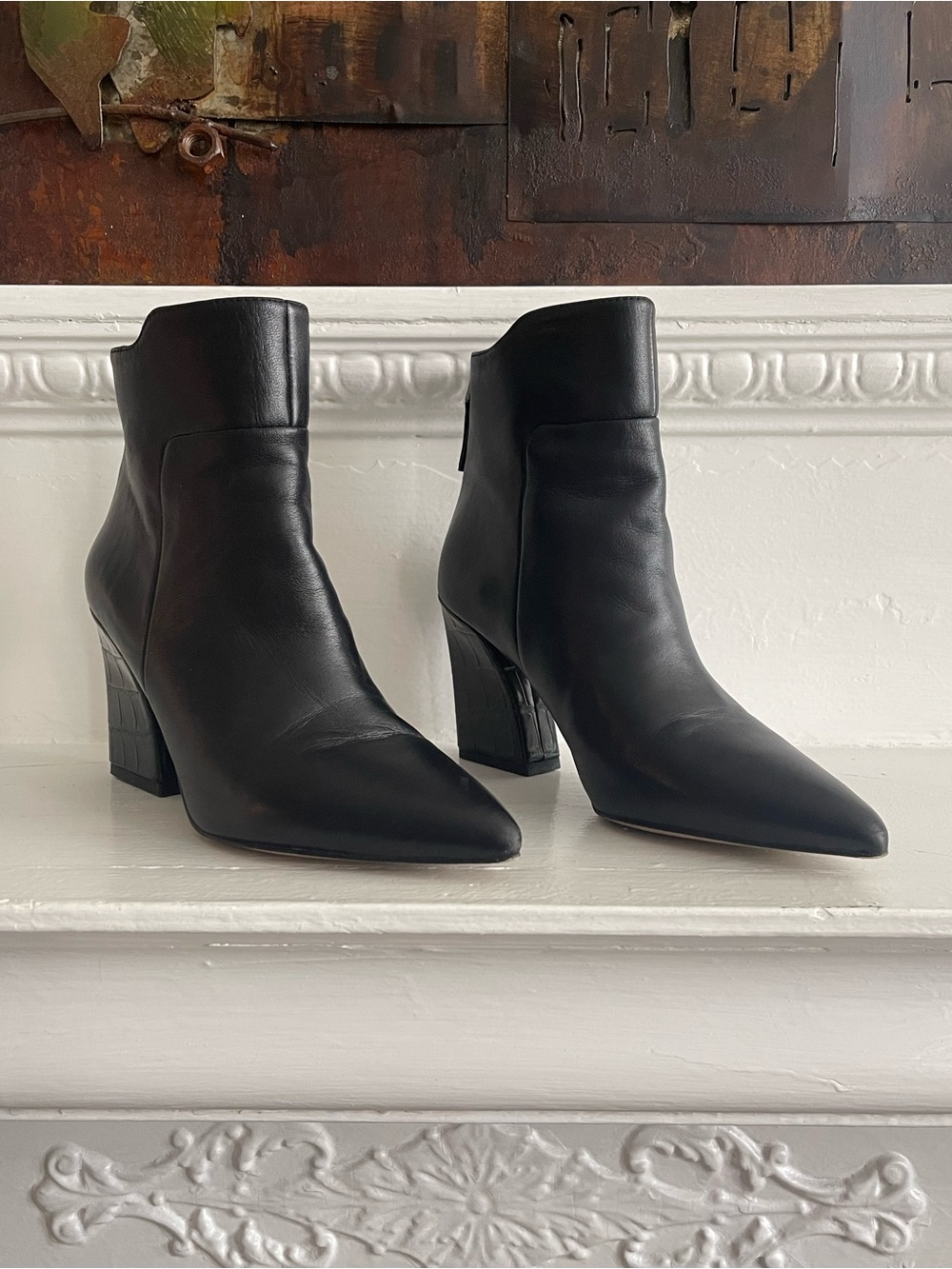 Franco Sarto Black Pointed Toe Leather Ankle Boots with Block Heel